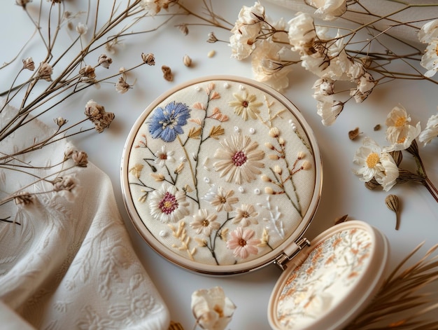 haft ręczny na lnianej tkaninie